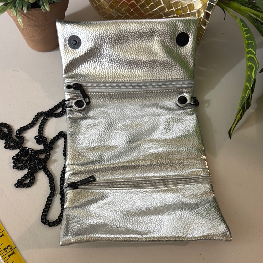 Women's Silver Metallic Crossbody Bag with Black Chain | Y2K Futuristic Purse | - Picture 6 of 9